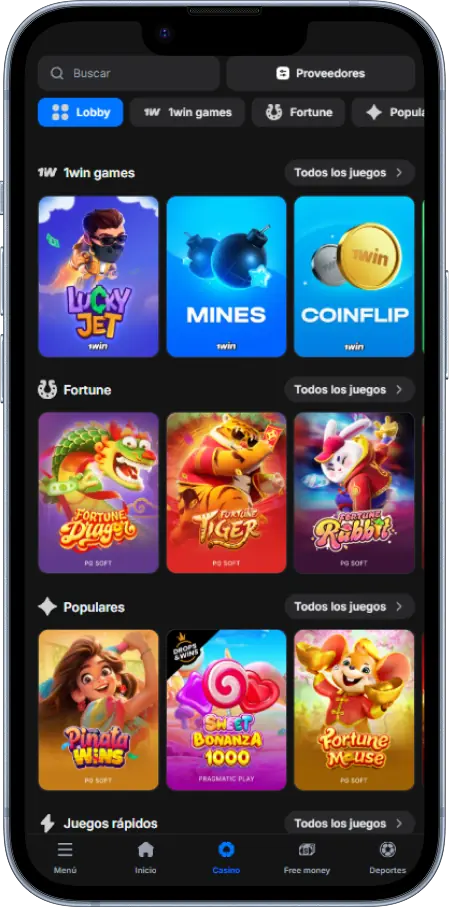 La aplicación 1win contiene una amplia colección de juegos de casino